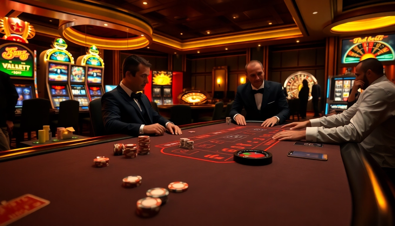 Exciting gambling action at hubet featuring a luxurious casino table with cards and chips.