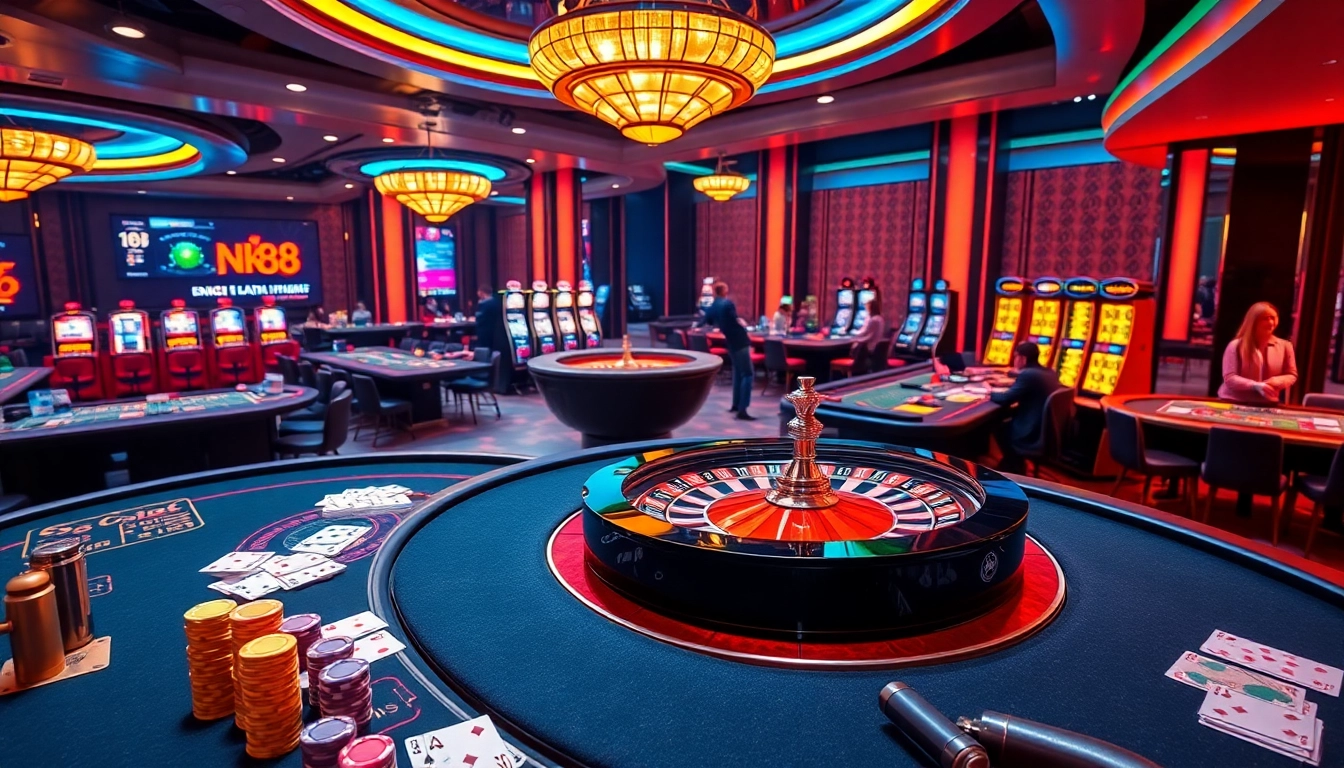 Exciting casino scene showcasing NK88 gambling with vibrant tables and lively betting action.