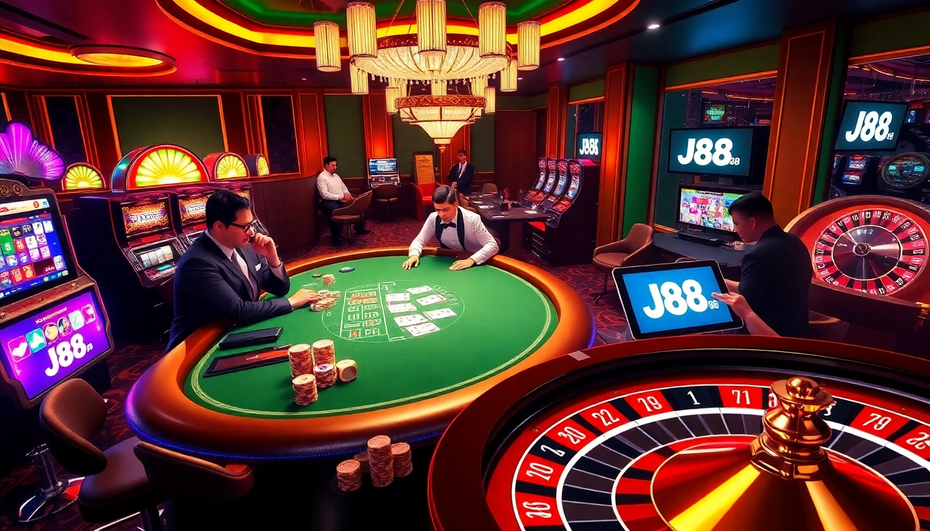 Experience the thrill of J88 betting at a luxurious casino with vibrant games and excited players.
