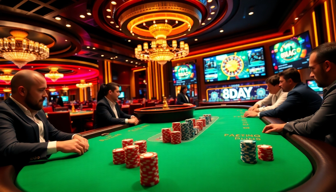 Players engaging in a thrilling poker game at 8DAY casino, with vibrant lights and stacked chips.
