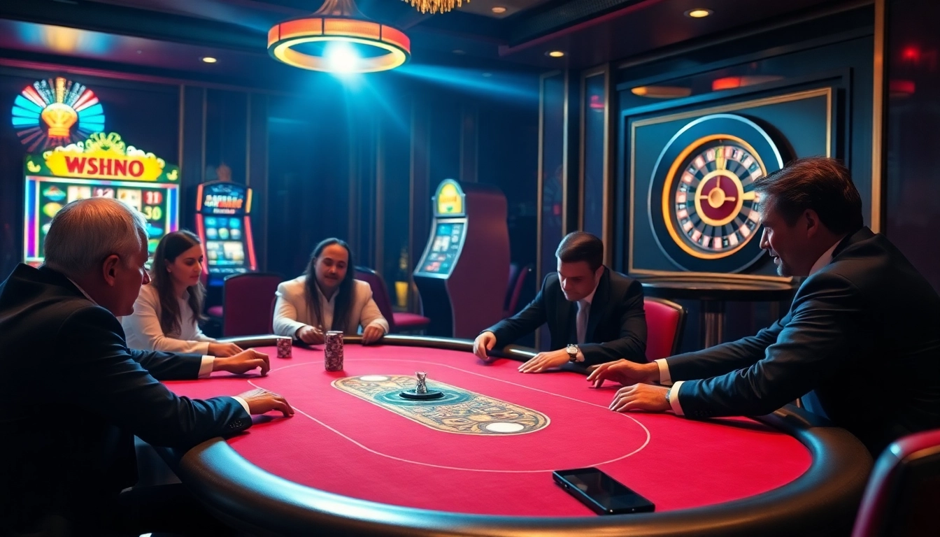 A thrilling poker game at win55 casino, showcasing intense players and elegant casino design.