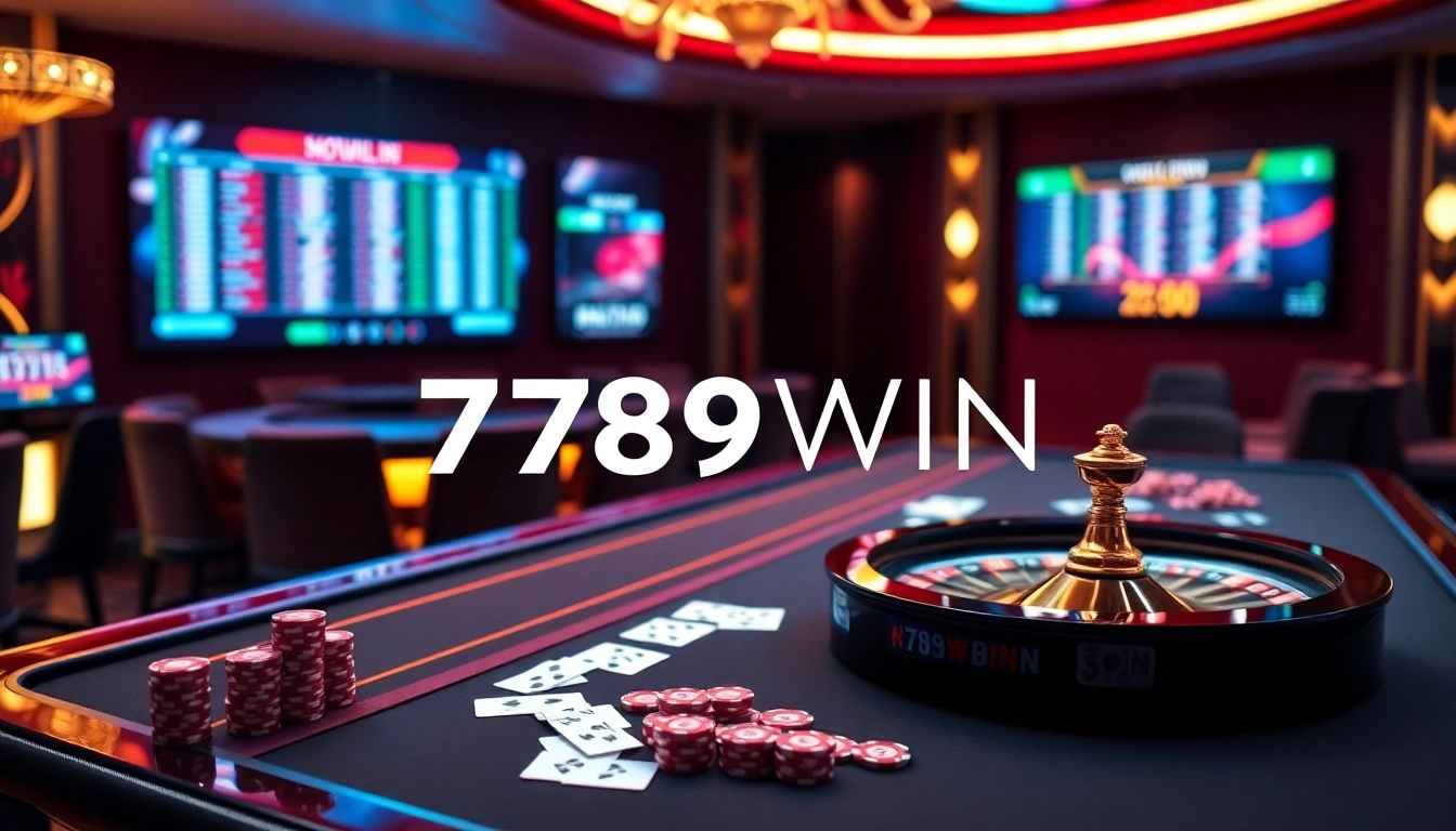 Experience excitement at 789WIN with a stunning modern casino setup showcasing poker and roulette.