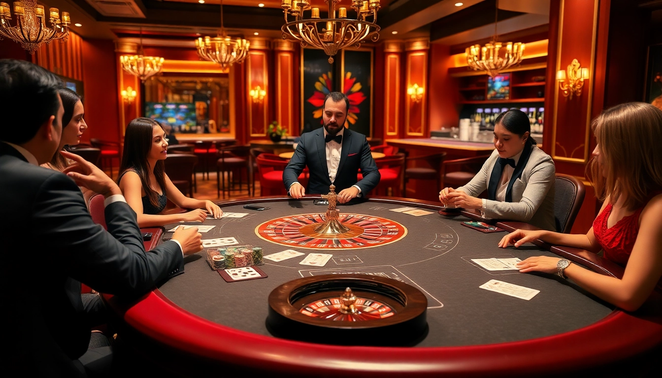 Engaged players enjoy the KP88 table game in a luxurious casino setting.