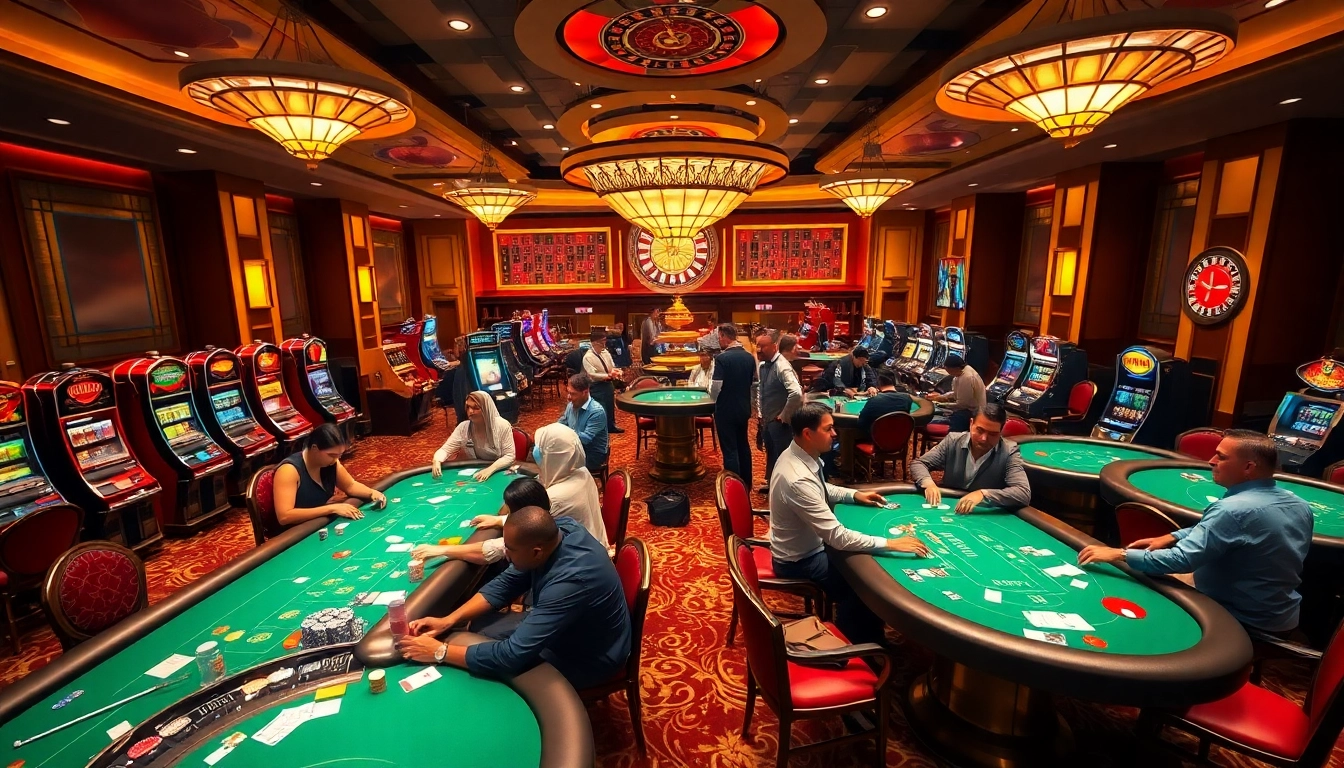 Players enjoying thrilling games at a luxurious casino, embodying the experience of bangsawan88 gaming excitement.