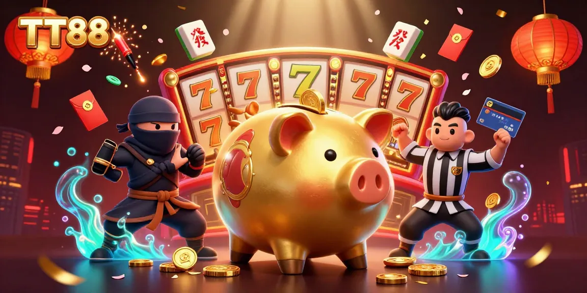 Engage in thrilling games at TT88 with vibrant casino elements and dynamic characters in an energetic 3D illustration.