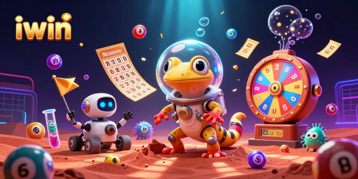Play iwin with a Martian gecko and robot in a golden casino scene full of colorful lottery elements.