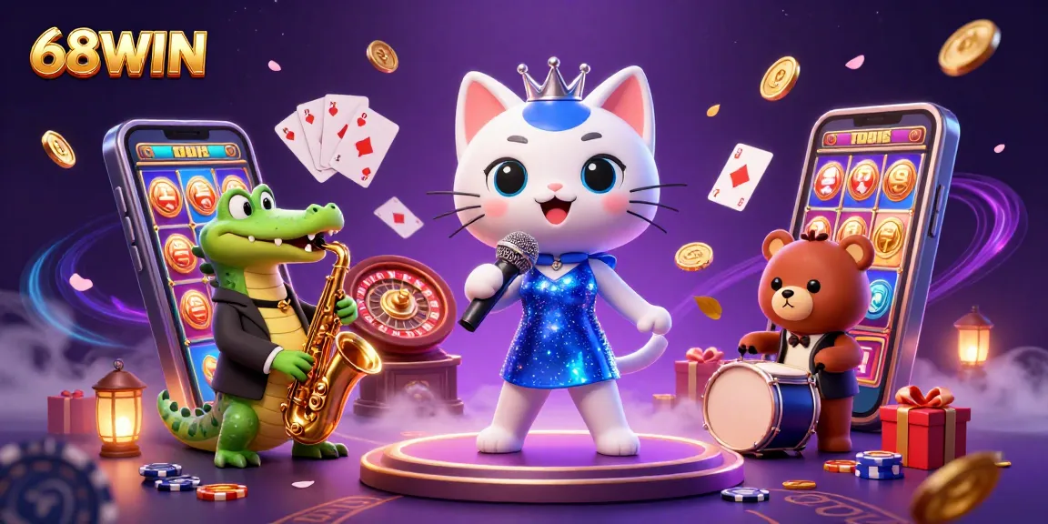 Spin the reels with 68WIN and experience thrilling casino action in a vibrant 3D illustration.