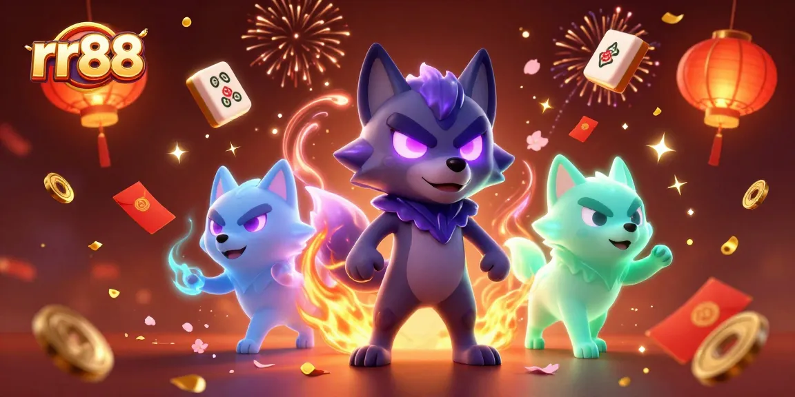 Experience the excitement of rr88 with a vibrant 3D casino scene featuring glowing wolves and floating game elements.