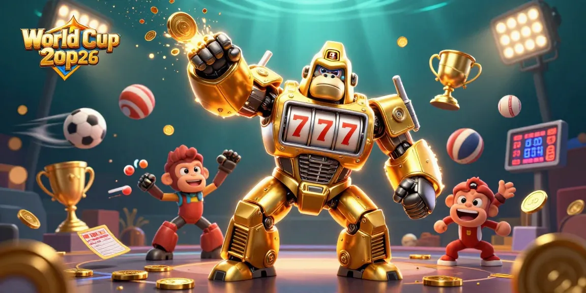 Experience World Cup 2026 with an energetic illustration featuring a golden gorilla mech amidst dynamic sports elements and casino elements.