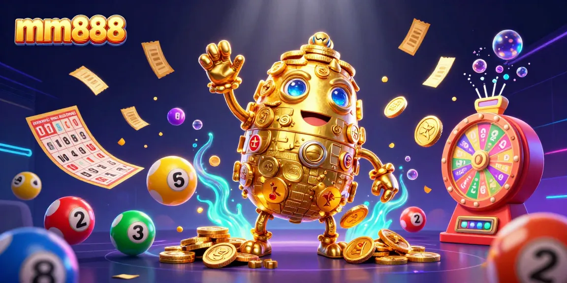 Experience thrilling games and jackpots at mm888, featuring a vibrant casino scene with dynamic lottery elements.