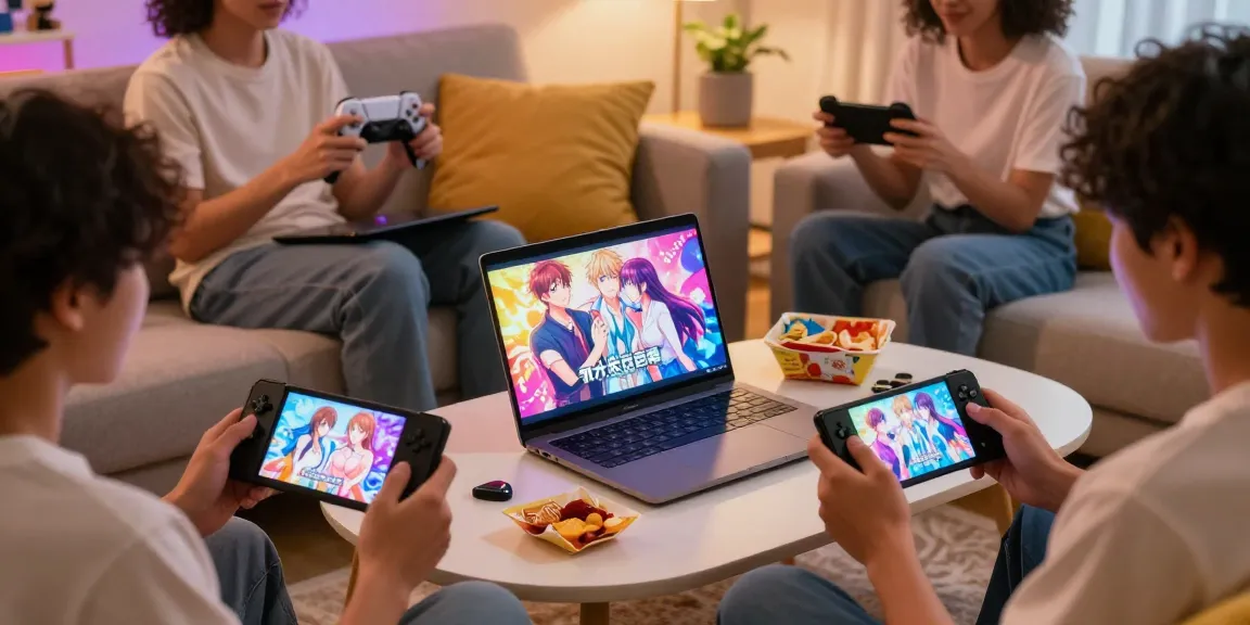 Players enjoying hentai games online on laptops and mobiles in a cozy gaming setup.
