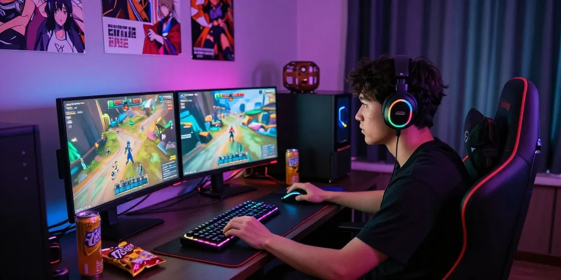 Engaged gamer playing a hentai game with vibrant setup and immersive atmosphere.