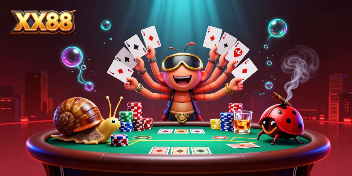 Engage in thrilling games at XX88 with a vibrant cartoon dealer, action-packed poker elements, and colorful chips.