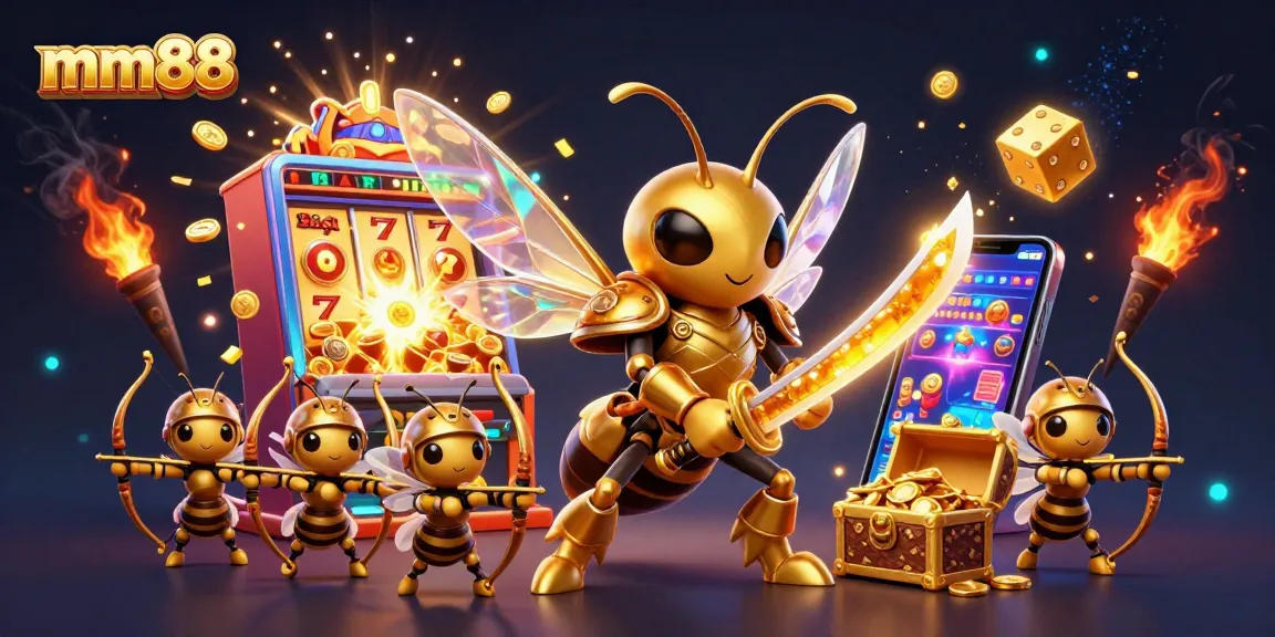 Engage with mm88 in a vibrant 3D casino scene featuring a giant golden hornet and bee archers amidst jackpot explosions.