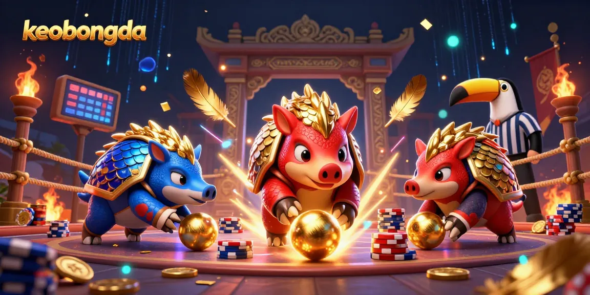 keobongda showcases an exciting sports betting scene with cartoon pangolins and dynamic action elements.