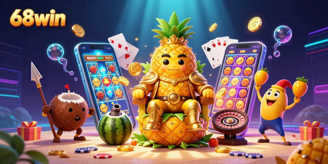 Engage with 68win's vibrant 3D casino scene showcasing casino games, colorful characters, and excitement.