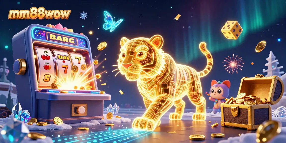 Experience the colorful casino world of mm88wow with a dynamic neon tiger and thrilling slot machine.