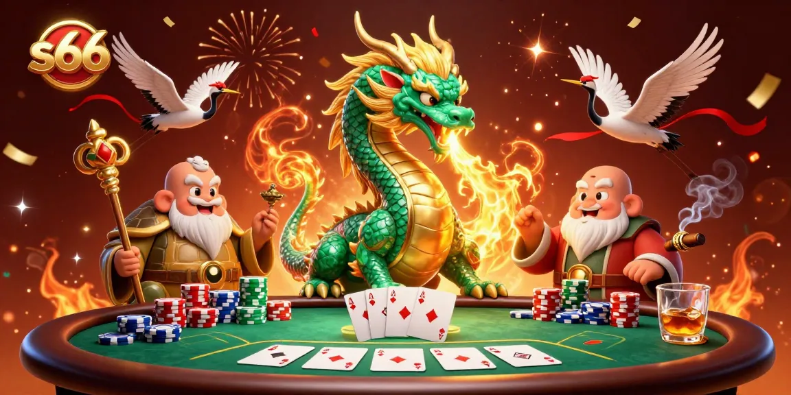 Engage in thrilling s66 action with a dragon and turtle sage in a vibrant casino setting.