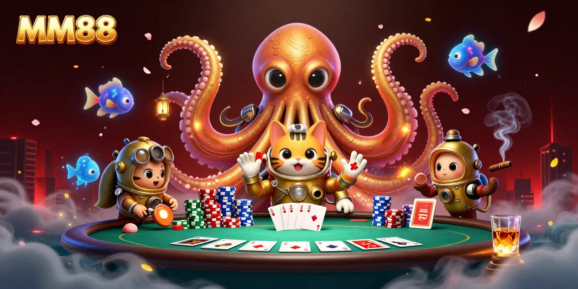 Experience thrilling gameplay at MM88 with a kraken and diving cat in a vibrant poker scene.