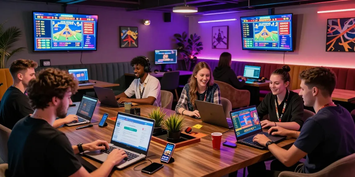 Excited players exploring new online casinos in the UK at a vibrant gaming lounge