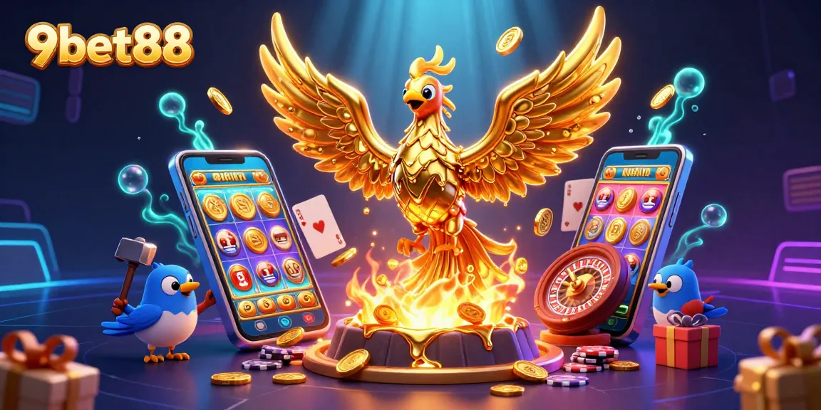 Experience thrilling gaming with 9bet88 as golden coins fly from a mobile slot game illustration.
