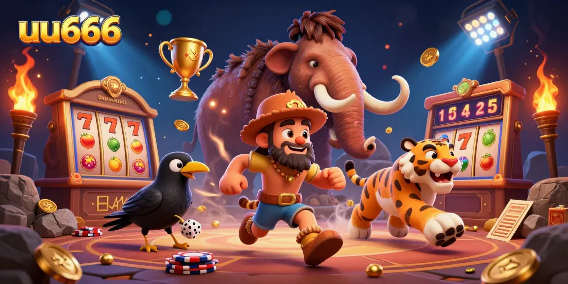 Spin the reels with uu666 in this dynamic prehistoric casino illustration.