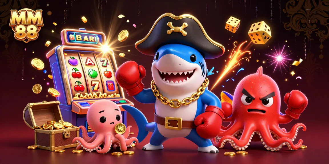 Experience gaming action at MM 88 with a vibrant casino-themed 3D illustration.