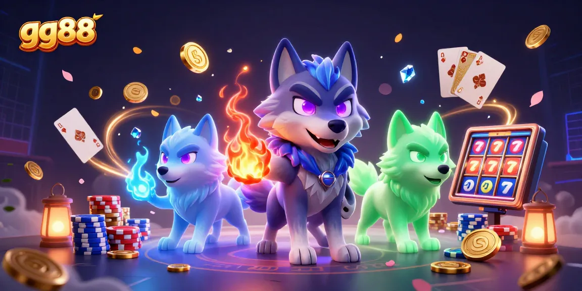 Experience the thrill of gg88 casino with wolf characters and dazzling game elements in 3D illustration.