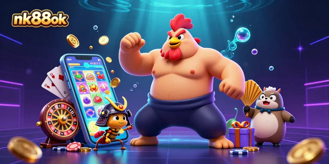 Engage in thrilling action at nk88ok with animated casino characters amidst vibrant gambling elements.