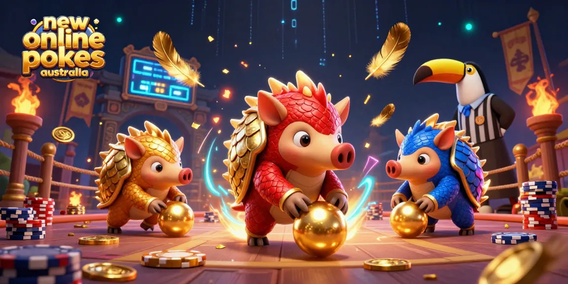 Engaging scene of new online pokies australia with vibrant pangolins, poker chips, and dynamic casino elements