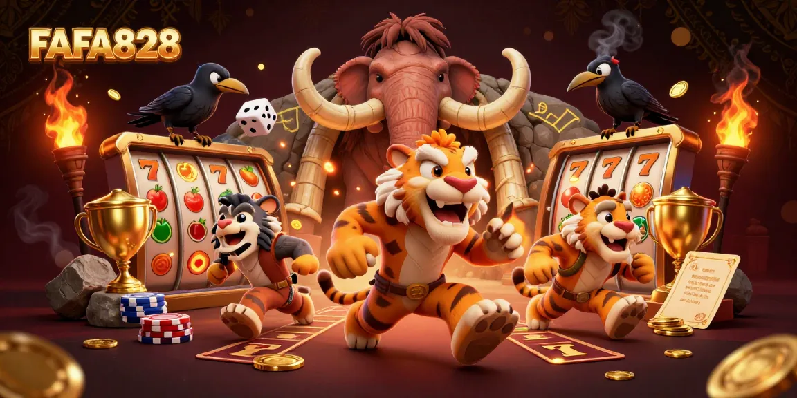 FAFA828 highlights a dynamic scene with a caveman and sabertooth tiger running a casino, surrounded by vibrant slot elements.