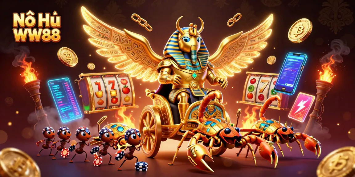 Nổ Hũ WW88 showcases a vibrant 3D scene with a scarab beetle and jackpot symbols for winning moments