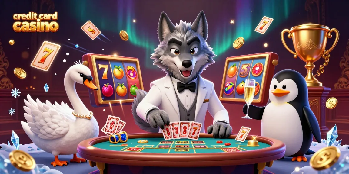 Enter the vibrant world of credit card casino with a debonair wolf, elegant swan, and sophisticated penguin in action.