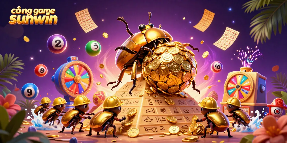 Cổng game sunwin showcases vibrant golden elements with beetles amid a captivating casino scene.