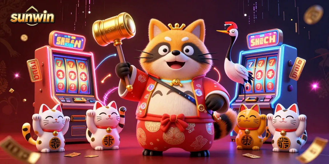 Experience the thrill of sunwin slots with cheerful tanuki and lucky symbols in a vibrant casino scene.