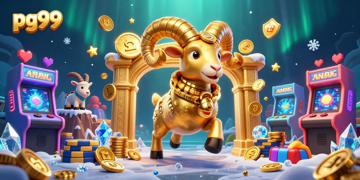 Experience pg99's vibrant casino world with a golden ram charging through a colorful game scene.