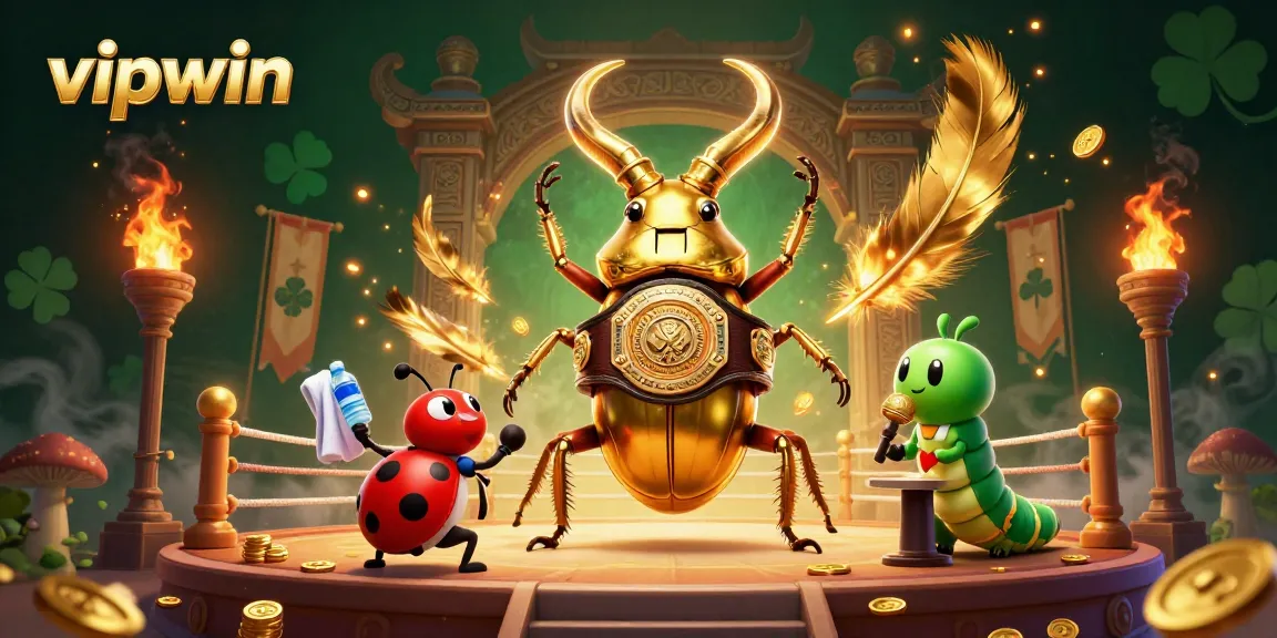Experience thrilling gameplay at vipwin with a golden stag beetle and ladybug in an epic gambling arena.
