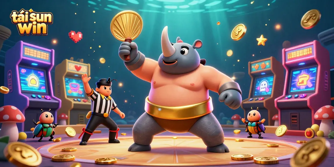 Engage in thrilling gameplay with tải sun win as the sumo beetle champion triumphs in a colorful casino scene.