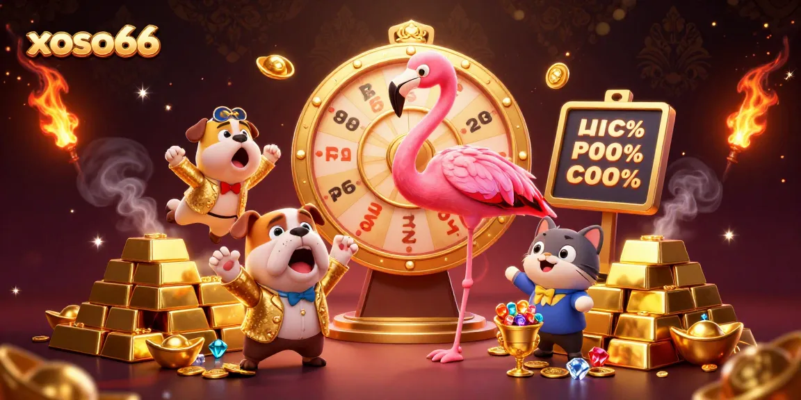 Experience thrilling gaming action with xoso66 as a flamingo spins the prize wheel amidst golden treasures.