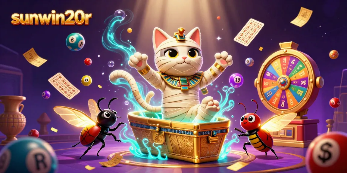 Engage in winning strategies at sunwin20r with a vibrant casino scene featuring a 3D mummy cat.