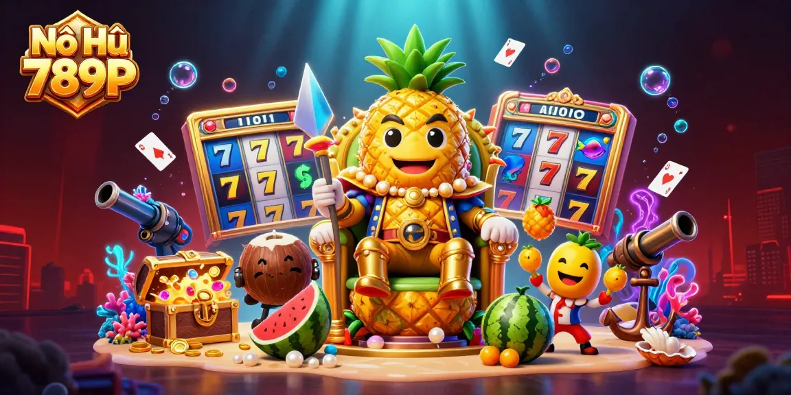 Nổ Hũ 789P offers thrilling gameplay featuring a golden pineapple king surrounded by exciting slot elements and treasures