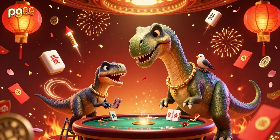 Experience excitement at pg88 with a towering brontosaurus and a clever raptor in a lively casino setting.