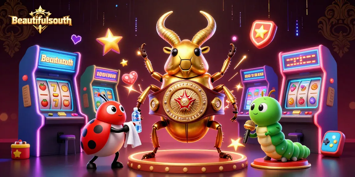 Play exciting slots at beautifulsouth with a giant stag beetle champion, ladybug corner-man, and vibrant gaming machines.