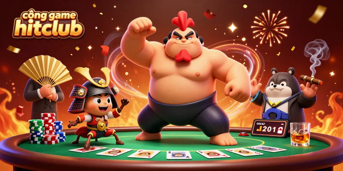 Play exciting games at cổng game hitclub with a vibrant 3D casino scene featuring engaging characters.